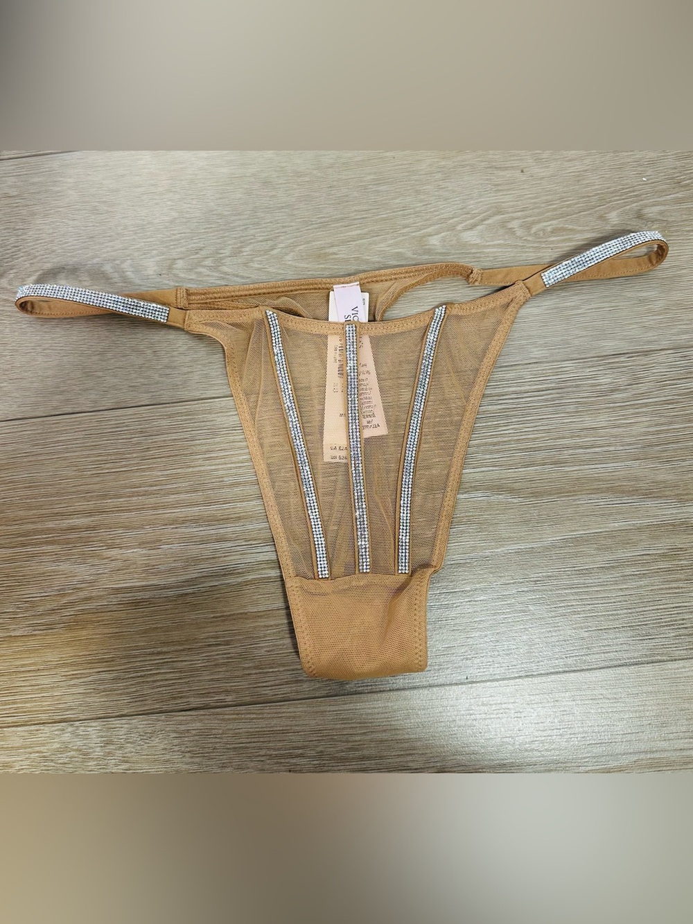 Victoria's Secret Nude Mesh Thong with Sheer Panels and Rhinestones BNWT size M